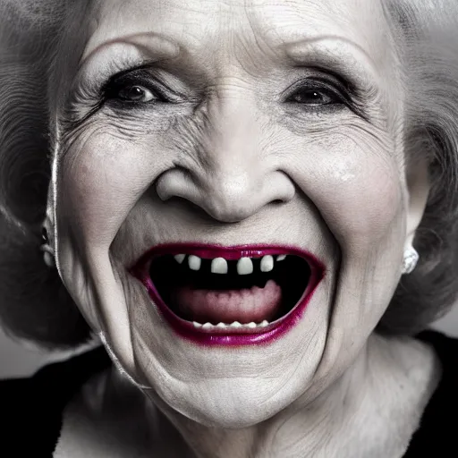 Image similar to symmetrical, close up face portrait of vampire betty white, evil grin, studio lighting, depth of field, photography, black and white, highly detailed