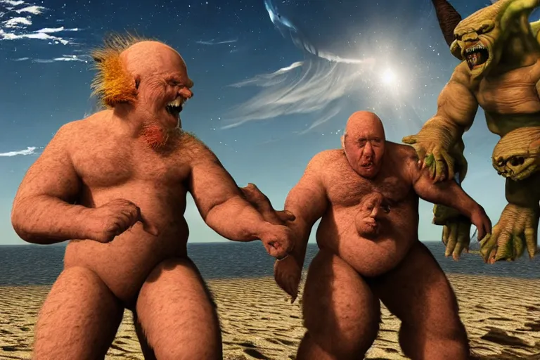 Image similar to photo, friends, man two old hairy fat ugly men! fighting alien monsters 4 0 5 4 7 on a beach, highly detailed, scary, intricate details, volumetric lighting, front view