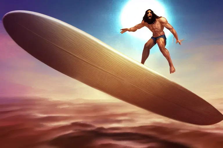 Prompt: jesus surfing the vibe wave,artstation