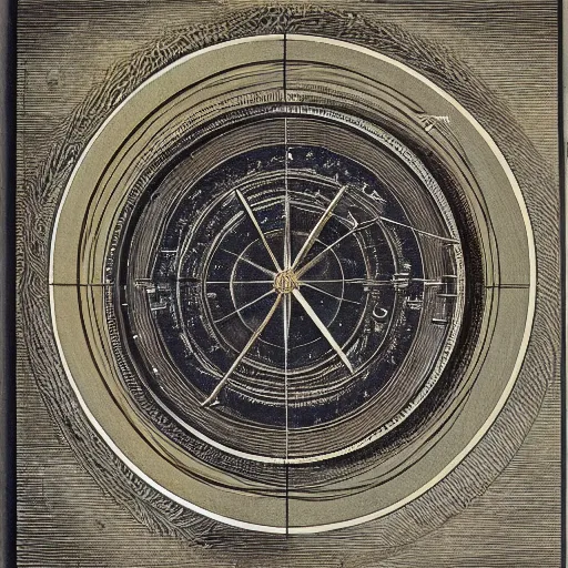 Image similar to artistic painting of astronomical armillary rings, engraved symbols