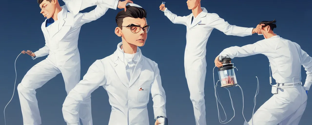 Image similar to stoic heroic emotionless butch young man scientist with short slicked - back hair, making an experiment - wearing white suit, wearing jetpack, digital art, solid white background, behance hd by jesper ejsing, by rhads, makoto shinkai and lois van baarle, ilya kuvshinov, rossdraws global illumination.