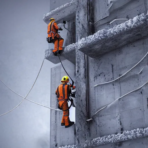 Image similar to rope access technician, extreme cold, cloudy weather, octane render, volumetric lightning, hyperrealistic, cgi, - q 2, 8 k