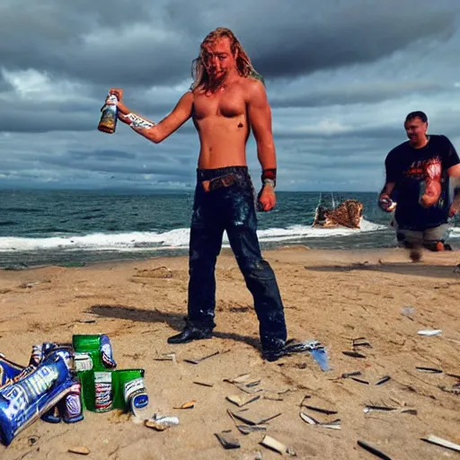 Image similar to thor smashing beer cans on an alien beach