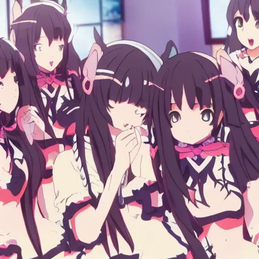 Image similar to “group of catgirls playing together, anime film still. Rise Of The Catgirls(2020)”