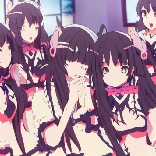 group of catgirls playing, anime still. rise of the, Stable Diffusion