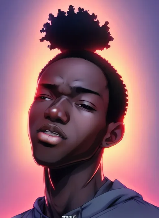 Image similar to handsome hip hop young black man, model pose, joyful, anime style, scenery wallpaper aesthetic, pastel colors, symmetrical face, cinematic, dramatic, super detailed and intricate, hyper realistic, 4 k render, by artgerm, by kyoung hwan kim, by ralph mcquarrie, by yoshiyuki tomino