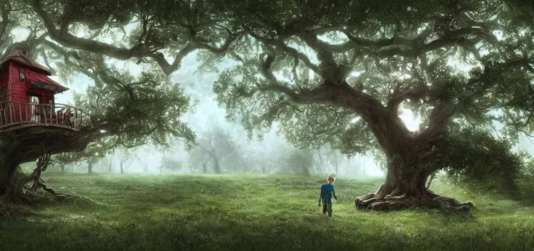 Image similar to Kid with red radioflyer standing in front of beautiful tree house in an old oak tree on a beautiful meadow with flowers, dramatic lighting, cinematic, establishing shot, extremly high detail, photo realistic, cinematic lighting, post processed, concept art, artstation, matte painting, style by eddie mendoza, raphael lacoste, alex ross