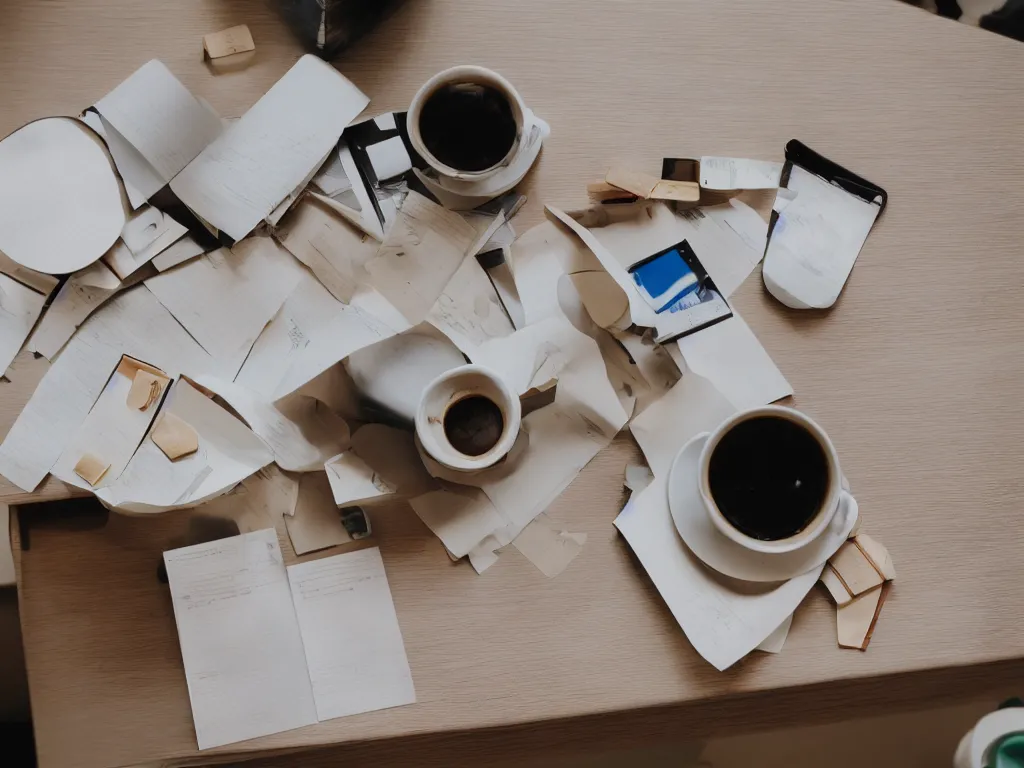 Prompt: coffee cups on 90s cubicle table