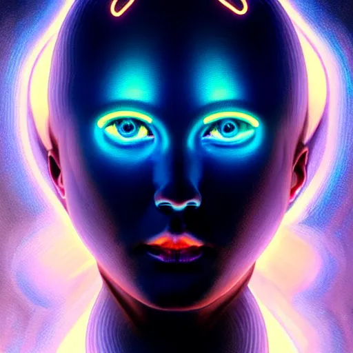 Prompt: tron angel, innocent illuminated face, psychedelic lsd, diffuse lighting, hyper realistic, elegant, intricate, hyper detailed, smooth, sharp focus, concept art, illustration, trending on artstation, art by john collier, artem demura, greg rutkowski, james gurney, and alphonse mucha