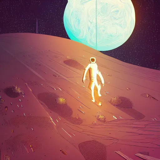 Prompt: !dream Stunningly intricate illustration of a scared astronaut explorer running trough a plain valley of planet Mars trough 3 columns of white neon light of infinite height, highly detailed, midnight, by Victo Ngai and James Gilleard , Moebius, Laurie Greasley