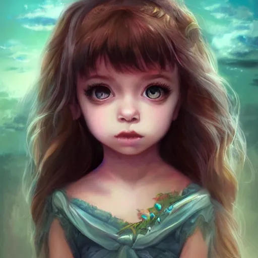 Prompt: Portrait of a beautiful little girl with big eyes, hopping for a better world free of men atrocity ,artwork by Ross Tran