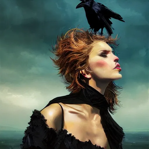 Image similar to morning, raven perching on the shoulder of a woman in a black dress. sun, cinematic, clouds, vogue cover style, contracting colors mood, realistic painting, intricate oil painting, high detail, figurative art, multiple exposure, poster art, 3 d, by simon bisley, ismail inceoglu, wadim kashin, filip hodas.