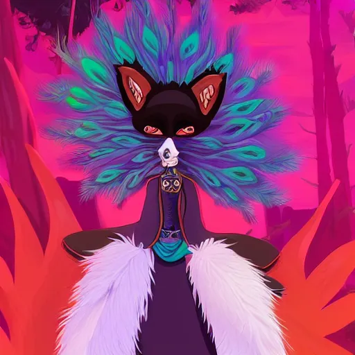 Prompt: fox furry character, long fluffy fur, full skull shaped face mask, mage clothes based on a peacock, 9 peacock tails, painting by genndy tartakovsky, stylized, vhs, 8 0 s, dnd beyond, chromatic aberration, fae,