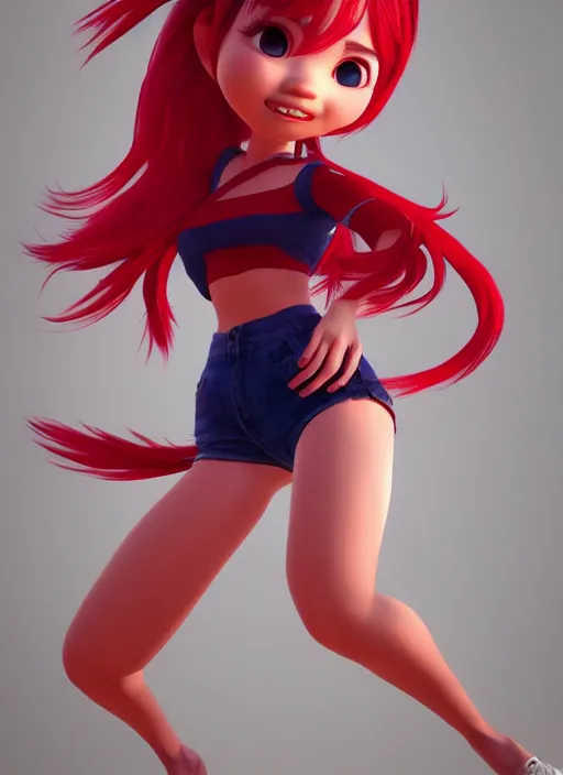 Image similar to a cute asian girl dancing, red hair, in the style of pixar animation, full body shot, viewed from bellow, award winning, hyper detailed, studio lighting, artstation, octane renderer, unreal engine