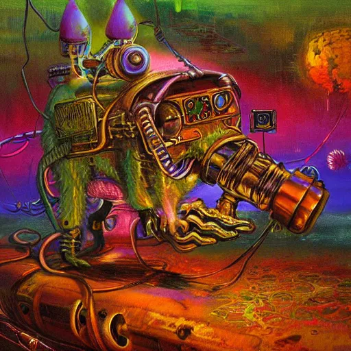 Image similar to steampunk rat, acid, 303, psychedelic, by paul lehr