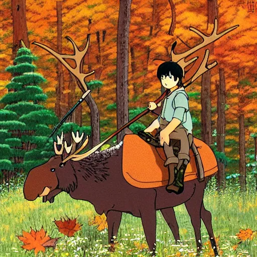 Image similar to Autumn moose hunter, studio ghibli, ultra detailed