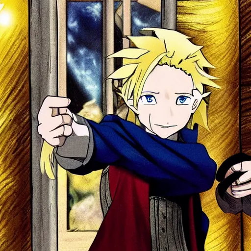 Image similar to young blonde boy fantasy thief in a tavern, full metal alchemist, anime style