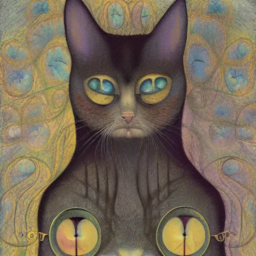 Image similar to by remedios varos, fractal versions of a cat, oil painting, high resolution