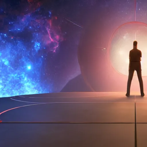 Image similar to Man stands infront of portal to another realm of mind, space, stars, planets, gate, gatekeeper, octane render, lifelike, photorealistic, smooth, concept art,