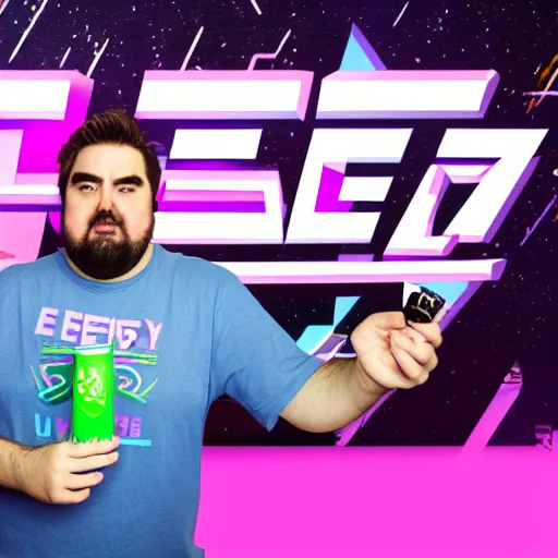 Prompt: Jeff Gerstmann enjoying a Zoe Energy drink in the Vaporwave zone, detailed, colorful