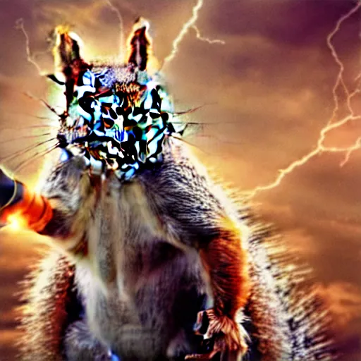 Image similar to the squirrel thor ~ holding his hammer ~ dramatic thunder background ~ fighting scene ~