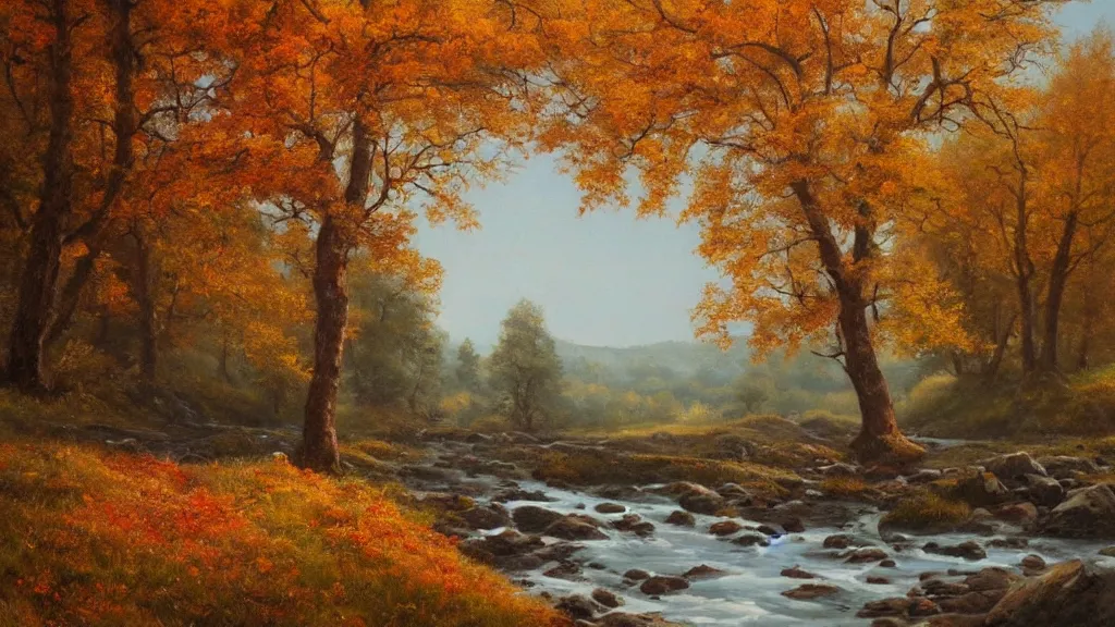 Image similar to A beautiful oil painting of hill with a single tree, the tree is in the rule of thirds, the fall has arrived and the leafs started to become golden and red, the river is zigzagging and flowing its way, the river has lots of dark grey rocks, by Greg Rutkowski