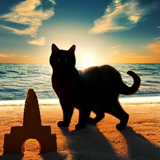 Prompt: Photo of a cat building a sandcastle on a beach, photorealistic, 8K photo, golden hour, award winning