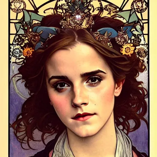 Image similar to emma watson portrait by louis - theophile hingre and alphonse mucha, realistic, sharp focus, zodiac signs, tarot cards, planets, ethereal, art nouveau, magic, moon, sun, crown, dreamy, royal, jewellery