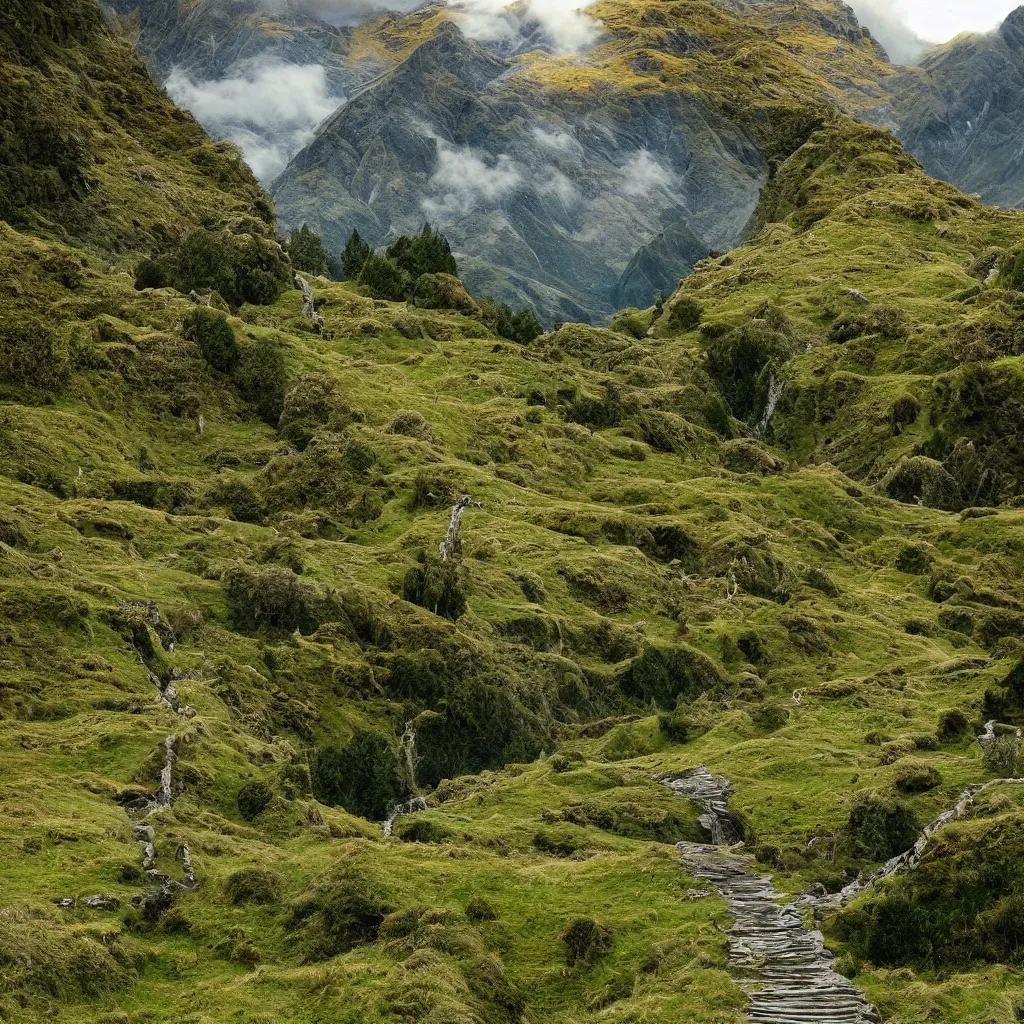 Image similar to Lord of the rings landscape in newzealand high quality