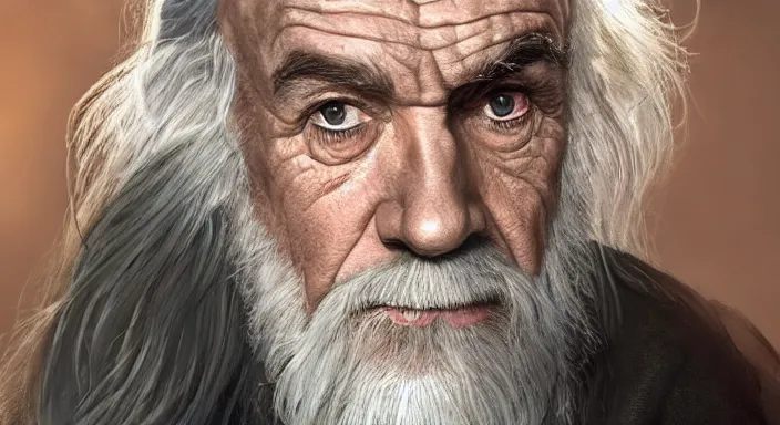 Image similar to sean connery as gandalf, award winning character art, by various concept artists, hyperrealistic face, photorealistic render
