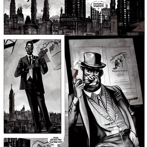 Image similar to A film noir anthropomorphic chimp detective wearing a suit and smoking a cigar, detailed face, in the background are buildings and restaurants, intricate, elegant, highly detailed, smooth, sharp focus, detailed face, high contrast, dramatic lighting, graphic novel, art by Ardian Syaf and Pepe Larraz,