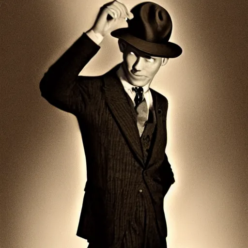 Image similar to A photograph portrait of Jerma985 wearing a suit with and fedora in the 1940s, taken in the early 1940s, grainy, taken on a 940s Kodak Camera, realistic, hyperrealistic, very realistic, highly detailed, very detailed, extremely detailed, detailed, digital art, trending on artstation