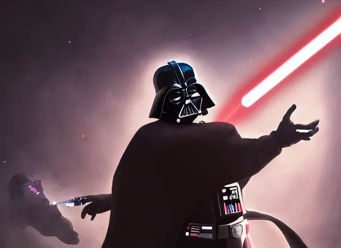 Prompt: a Photorealistic dramatic hyperrealistic render of darth vader with lightsaber drawn facing off against a calm cute corgi, futuristic star wars vibe, by WLOP and Artgerm and Greg Rutkowski and Alphonse Mucha, Beautiful dynamic dramatic dark moody lighting, shadows, cinematic atmosphere, Artstation, concept design art, Octane render, 8K, masterpiece, sharp focus