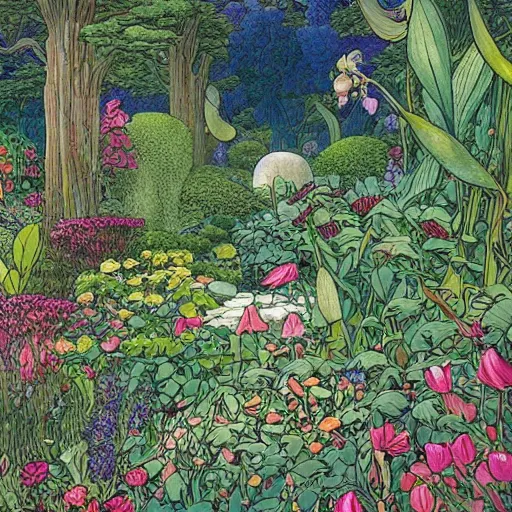 Prompt: an illustration of a beautiful garden, painted by moebius and james jean