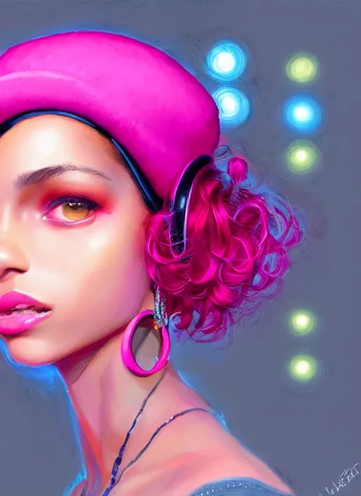 Image similar to portrait of teenage vanessa morgan with bright pink hair, black girl, curly pixie cut hair, wearing newsboy cap, pink short haircut, newsboy cap, hoop earrings, blue eyes, intricate, elegant, glowing lights, highly detailed, digital painting, artstation, concept art, smooth, sharp focus, illustration, art by wlop, mars ravelo and greg rutkowski