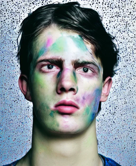 Image similar to portrait of a young gentleman with color smeared in his face, digital photography, fashion magazine, close - up, detailed