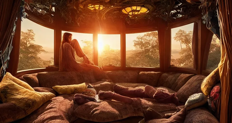 Prompt: an incredibly beautiful scene from a 2 0 2 2 marvel film featuring a cozy art nouveau reading nook in a fantasy treehouse interior. a couch with embroidered pillows. golden hour. 8 k uhd.