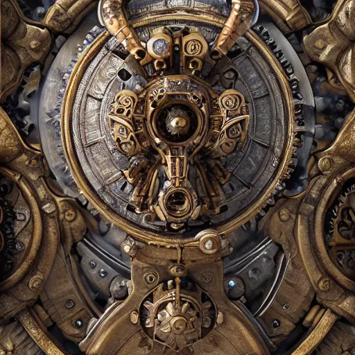 Image similar to A steampunk ornate made of engraved full plate armor and gears shaped in Styracosaurus head at the center, Macro shot by Justin Gerard, unreal engine, physically based rendering