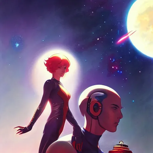 Image similar to beautiful painting fully automated luxury space communism, by charlie bowater, ross tran, artgerm, and makoto shinkai, detailed, inked, western comic book art