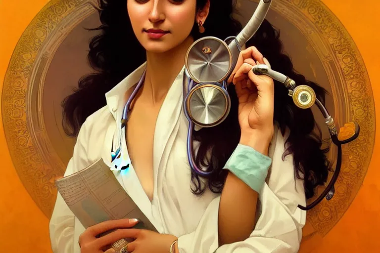 Image similar to sensual pale beautiful indian doctor in jeans with stethoscope, art deco portrait, elegant, intricate, digital painting, artstation, concept art, smooth, sharp focus, illustration, art by artgerm and greg rutkowski and alphonse mucha