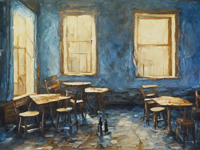 Prompt: expressive rustic oil painting, interior view of an weary old tavern, tables and chairs, bottles of liquor, accents of blue light, light bloom, dust, ambient occlusion, morning, rays of light coming through windows, dim lighting, brush strokes oil painting