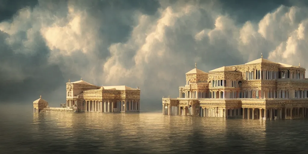 Image similar to beautiful digital illustration of a floating Byzantine palace in the clouds, fluffy cotton candy clouds clouds, architecture, concept art, deviantArt, artsation, artstation HQ, HD, 16k resolution, smooth, sharp detail, amazing depth, octane, finalRender, Unreal Engine