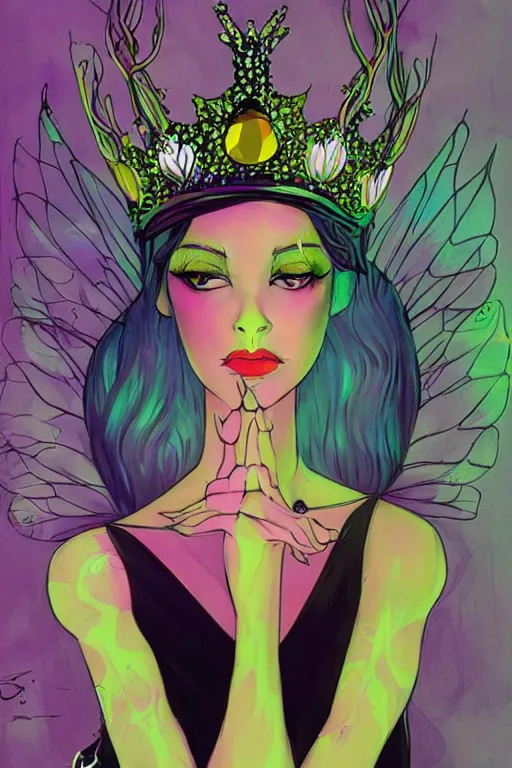Prompt: vivid colors, bio-luminescent beautiful mysterious 1960s fairy queen, wearing a crown, in deep black darkness, shining eyes, face by otto schmidt