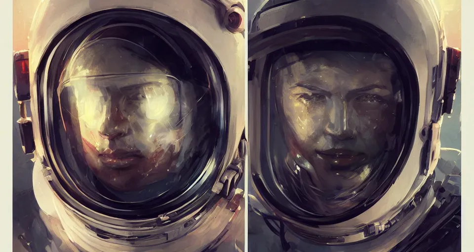 Image similar to astronaut helmet, detailed portrait, intricate complexity, by greg rutkowski, cushart krentz, artgerm, ross tran, conrad roset, takato yomamoto, ilya kuvshinov. 4 k, beautiful, cinematic dramatic atmosphere, portrait lighting h 9 6 0