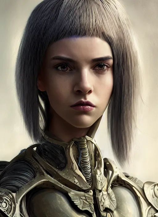 Image similar to a photorealistic portrait of a beautiful young female alien, clothed in ethereal armor, olive skin, long dark hair, beautiful bone structure, symmetrical facial features, intricate, elegant, digital painting, concept art, smooth, sharp focus, finely detailed, illustration, from Valerian and the City of a Thousand Planets, by Ruan Jia and Mandy Jurgens and Artgerm and William-Adolphe Bouguerea