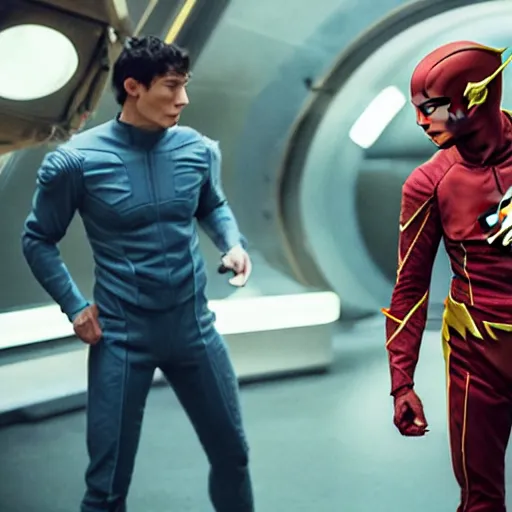 Image similar to a duel between warner and ezra miller as flash ( right ), in space, shot on alexa, trending on hollywood reporter