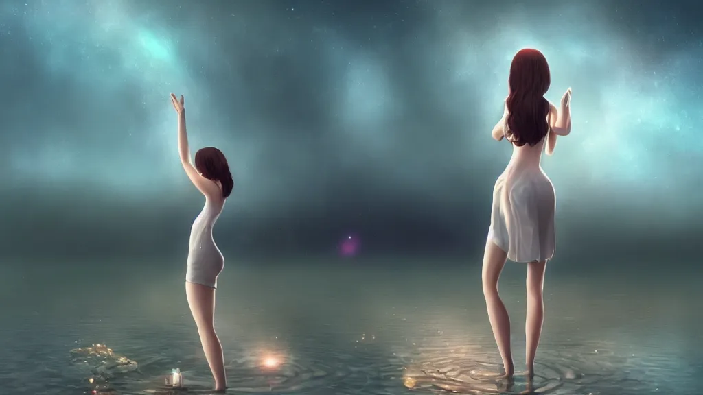 Prompt: whimsical, a beautiful whimsical woman, wearing professional makeup, standing in a lake, raising an arm, under a binary black hole with a ring, by Ilya Kuvshinov, by Tom Bagshaw, by artgerm, by Studio Ghibli, face enhance, volumetric lighting, 4k resolution, octane render, trending on artstation