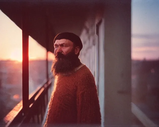 Image similar to lomographic tarkovsky film still of 4 0 years russian man with beard and sweater standing on small hrushevka 9 th floor balcony in taiga looking at sunset, perfect faces, cinestill, bokeh