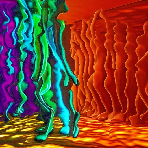 Image similar to liquid people dancing in a lightfull room by lynda benglis, hyperrealistic, colorful shadows, high detail, digital art