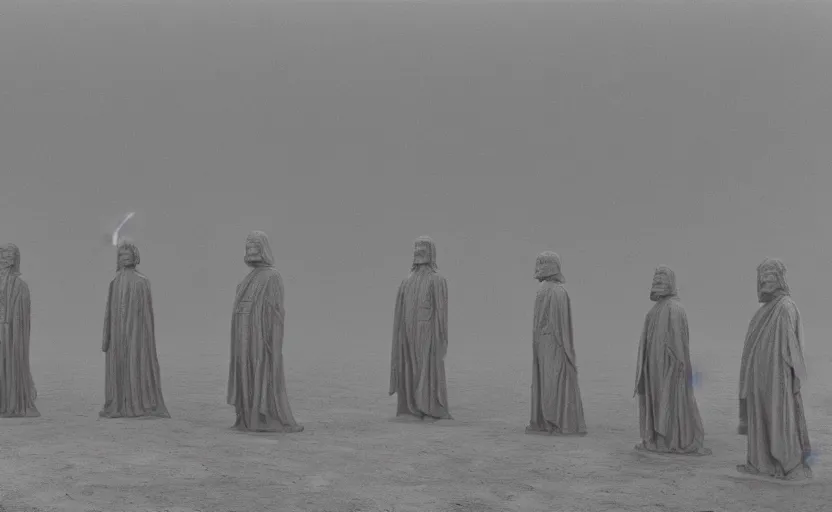 Prompt: screenshot of multiple grey Jedi statues by Zdzisław Beksiński, from 1970s star wars film thriller directed by Stanley Kubrick, iconic scene, 4k UHD still frame, windy hair, cinematic lighting, stunning cinematography, hyper detailed scene, anamorphic lenses, kodak color film stock